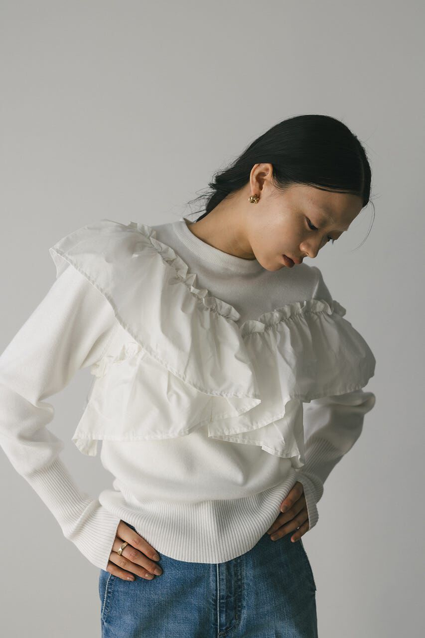 STYLEMIXER「アシンメトリーフリルニットトップ」|ニット・セーター|WHT