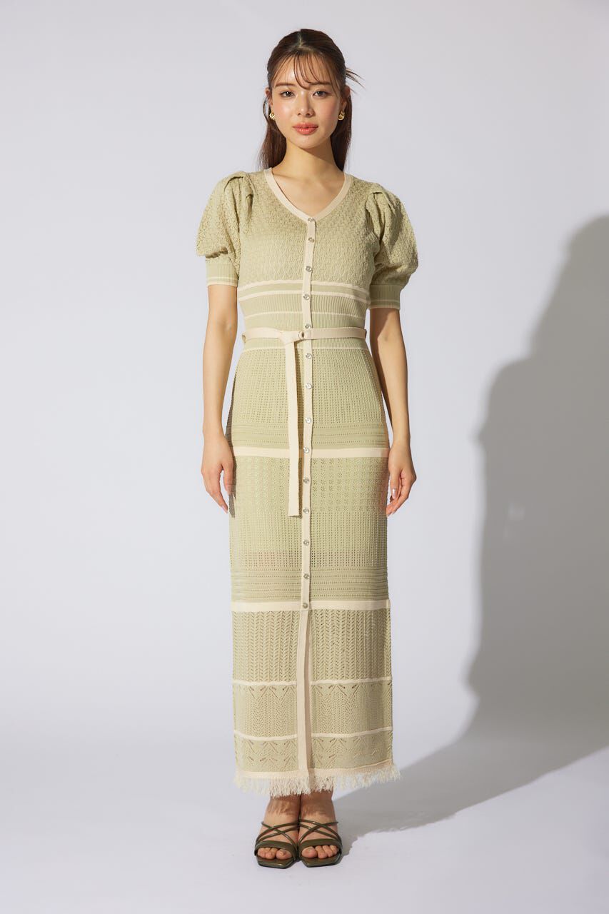 rienda「2WAYフリンジライン配色クロシェニットワンピース」|ワンピース|