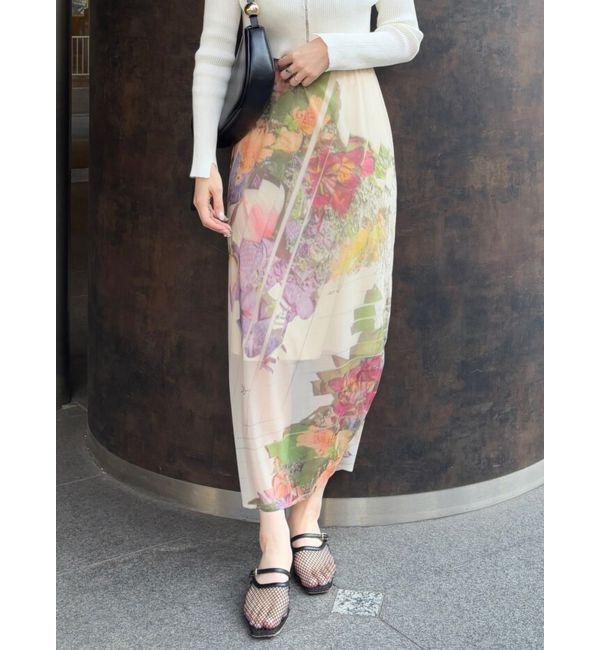 LAGUNAMOON「【DELIGENCE PARLOURコラボ】アートフラワープリントシアースカート」|スカート|ベージュ