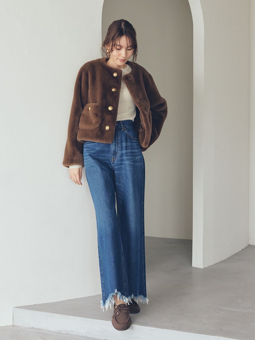 Mila Owen「裾フリンジクロップドフレアデニムパンツ」|デニム|