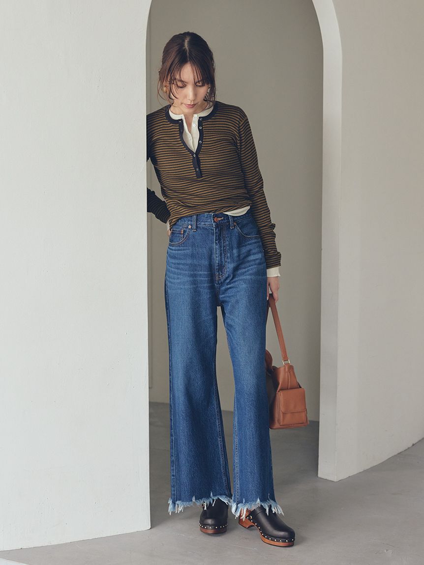 Mila Owen「裾フリンジクロップドフレアデニムパンツ」|デニム|