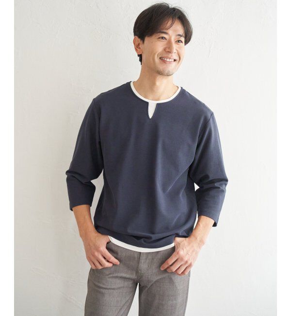 ikka「【抗菌防臭】GOKU楽冷感7分袖キーネック」|Tシャツ・カットソー|ネイビーブルー