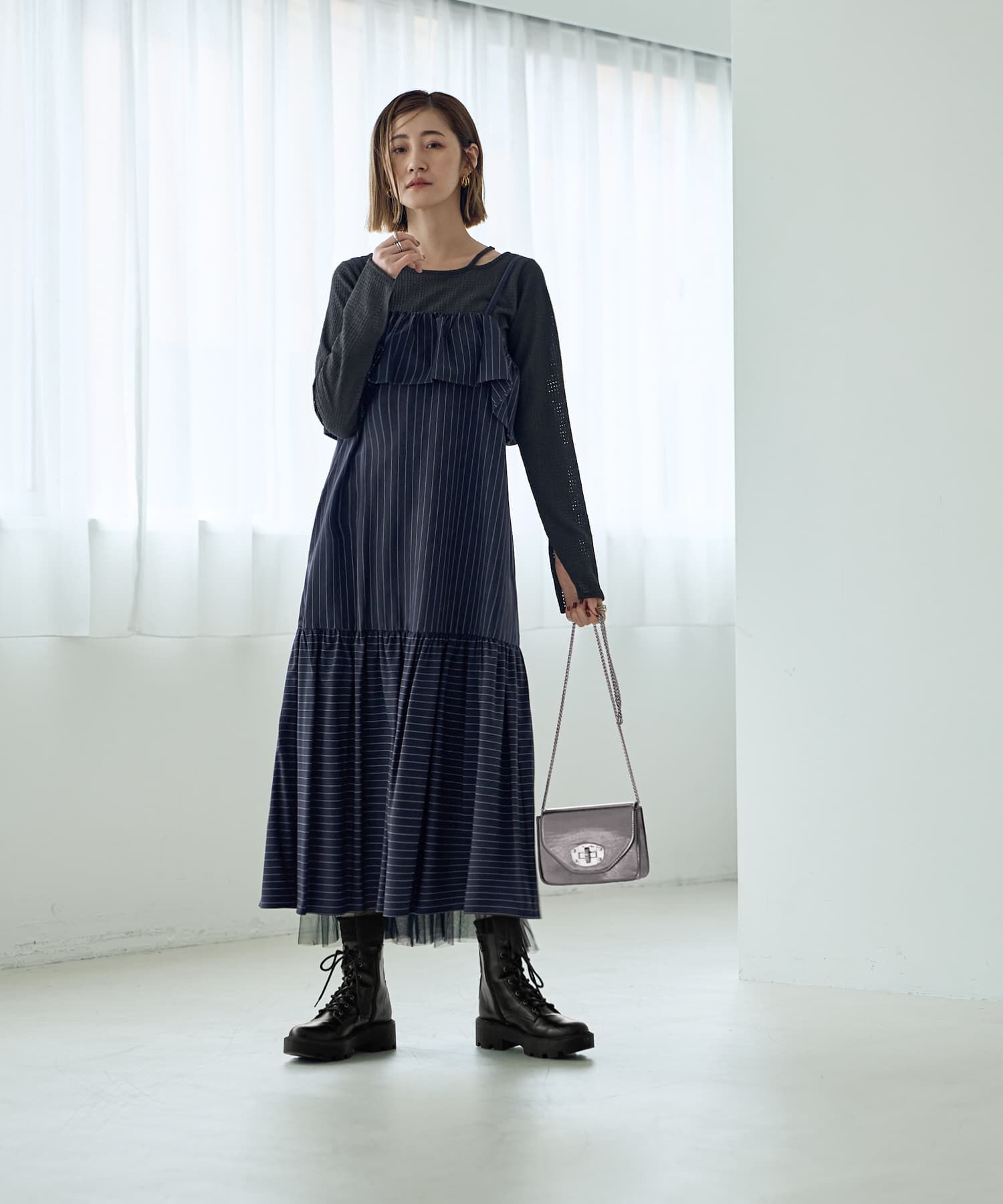 STYLE DELI「ピンストライプ柄キャミ型ジャンパースカート」|ワンピース|