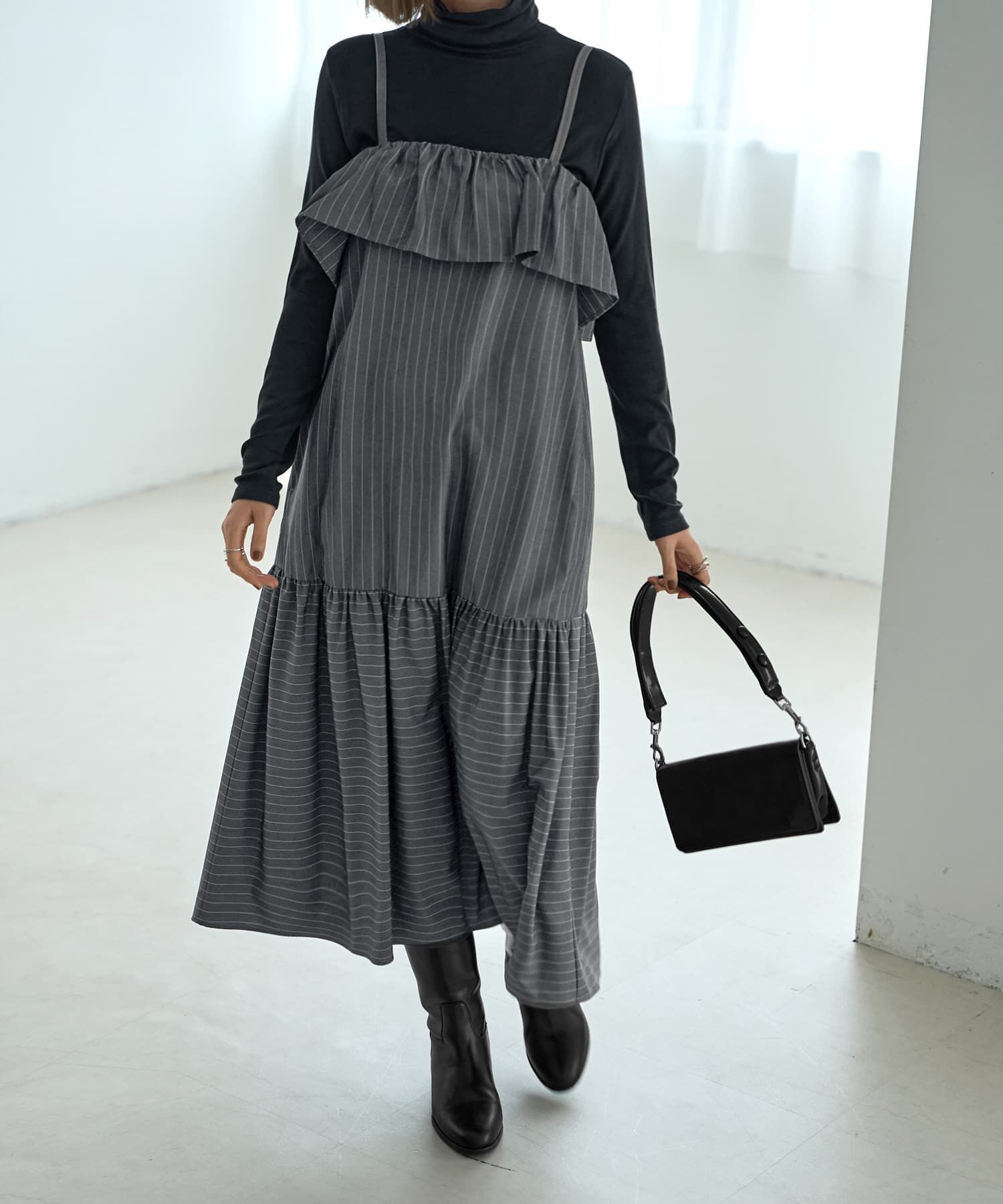 STYLE DELI「ピンストライプ柄キャミ型ジャンパースカート」|ワンピース|グレー