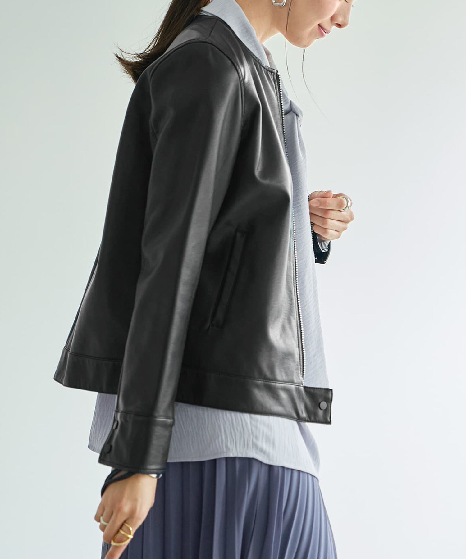 STYLE DELI「フェイクレザーノーカラーブルゾン」|ノーカラージャケット|
