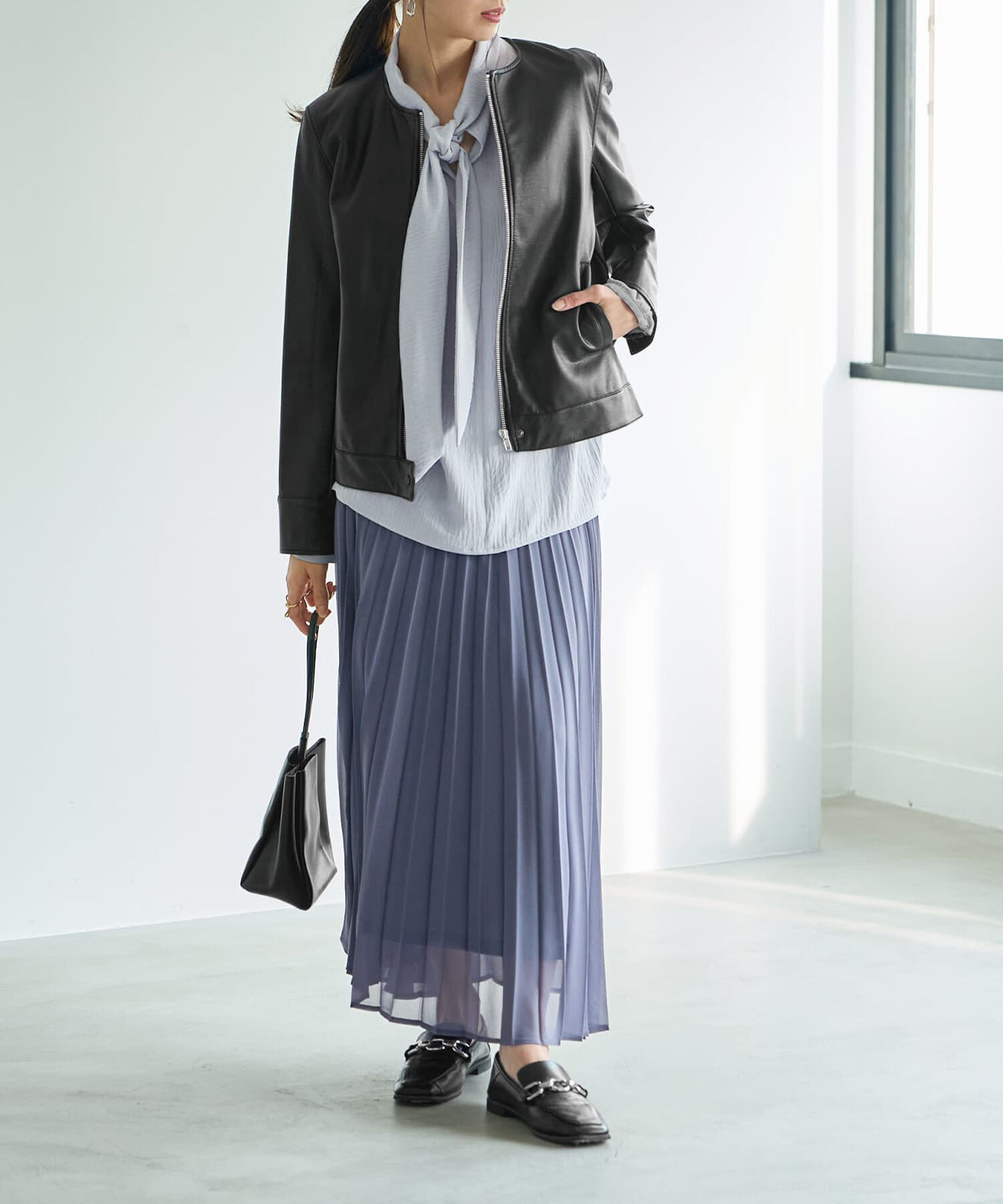 STYLE DELI「フェイクレザーノーカラーブルゾン」|ノーカラージャケット|