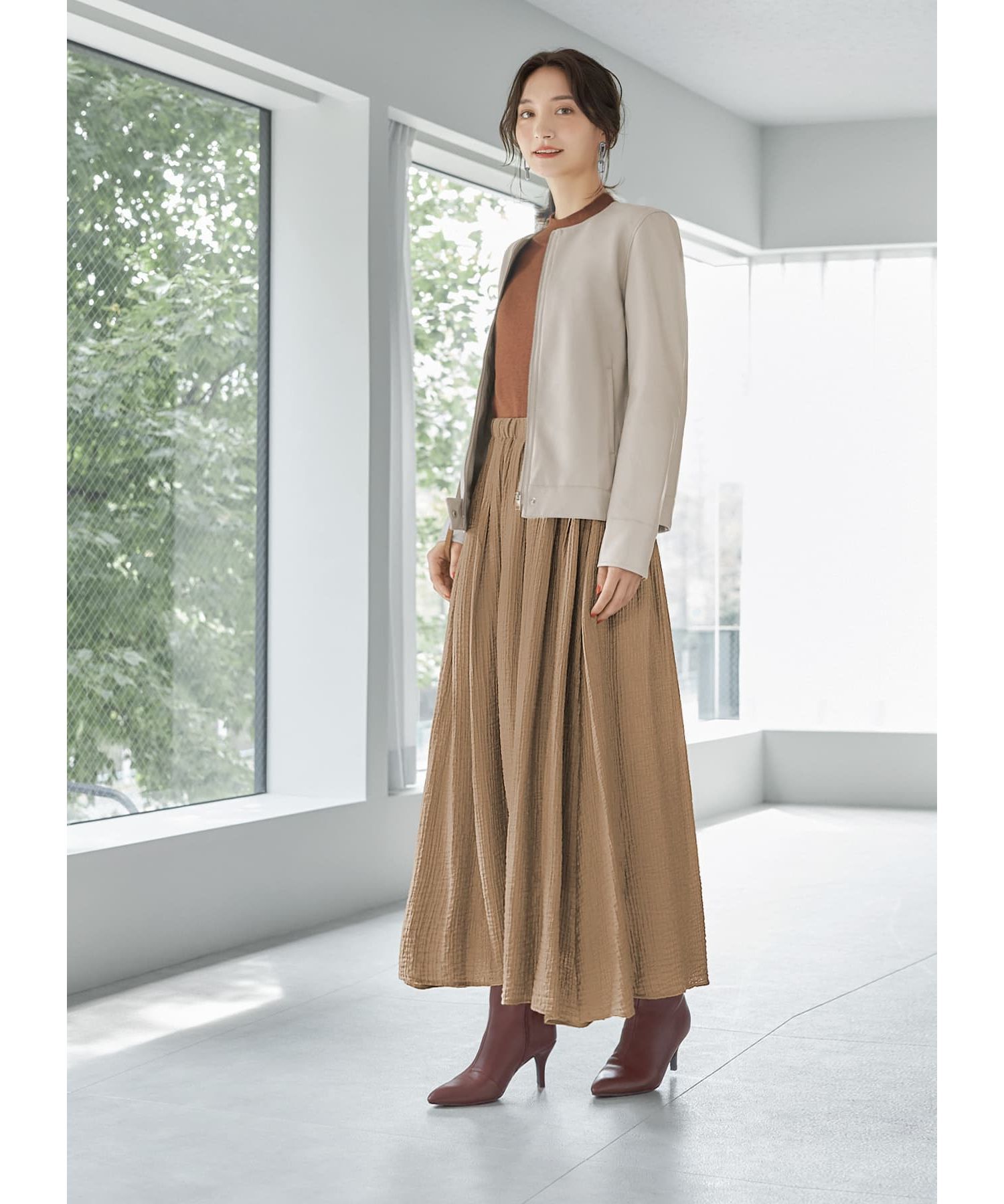 STYLE DELI「フェイクレザーノーカラーブルゾン」|ノーカラージャケット|