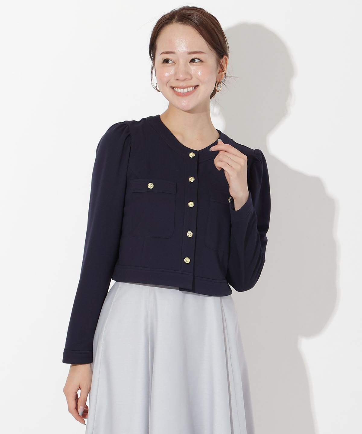 アンドクチュール「ポンチノーカラー長袖ジャケット」|その他|ネイビー