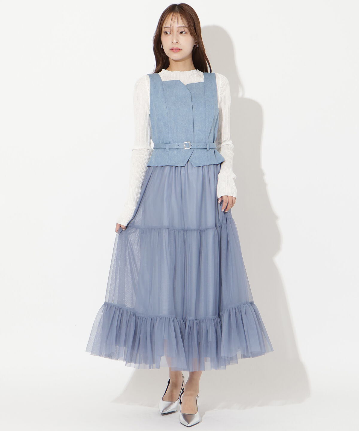 アンドクチュール「異素材ドッキングチュールワンピース」|ワンピース|ブルー