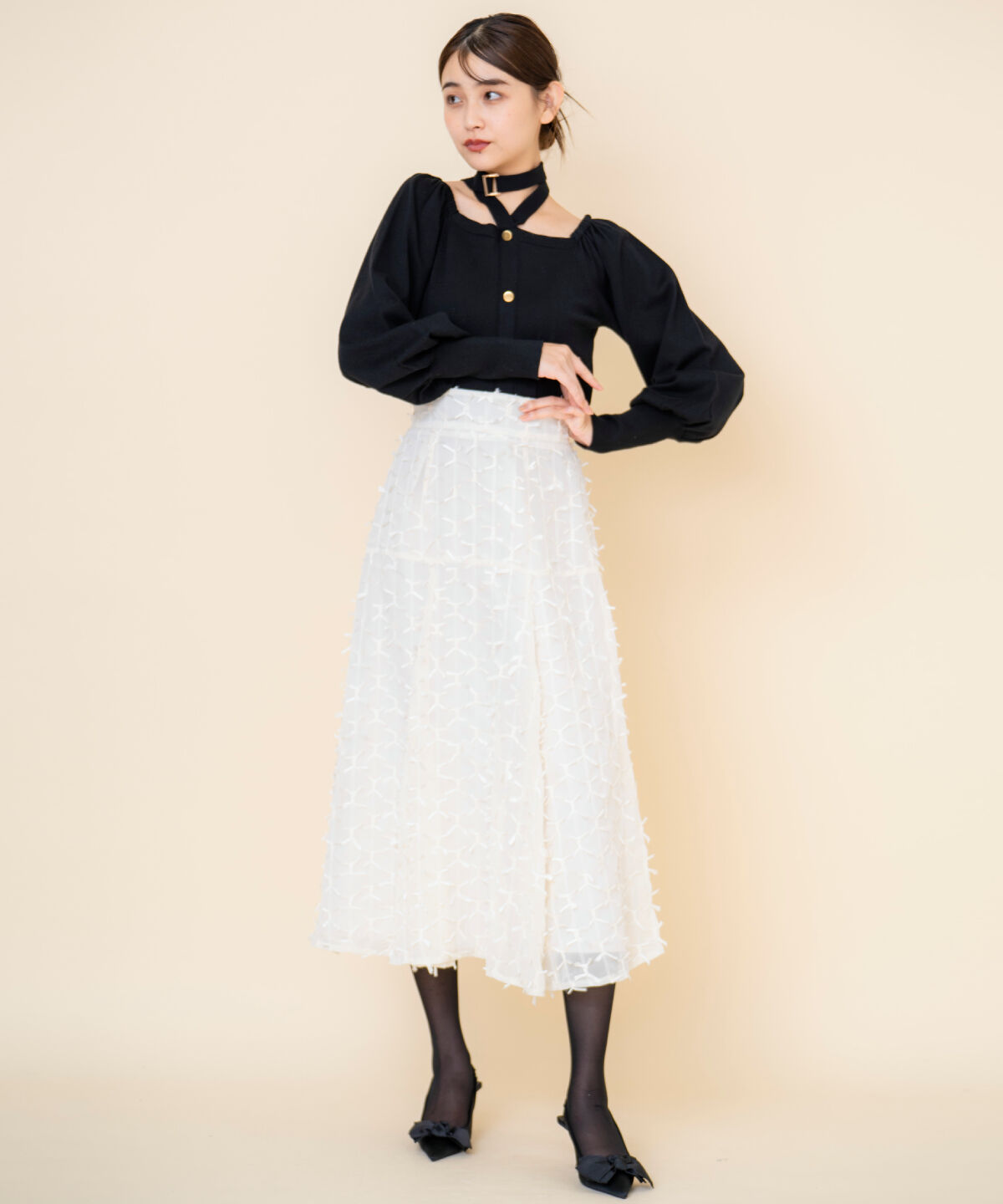 REDYAZEL「リボンモチーフフレアスカート」|フレア|ベージュ