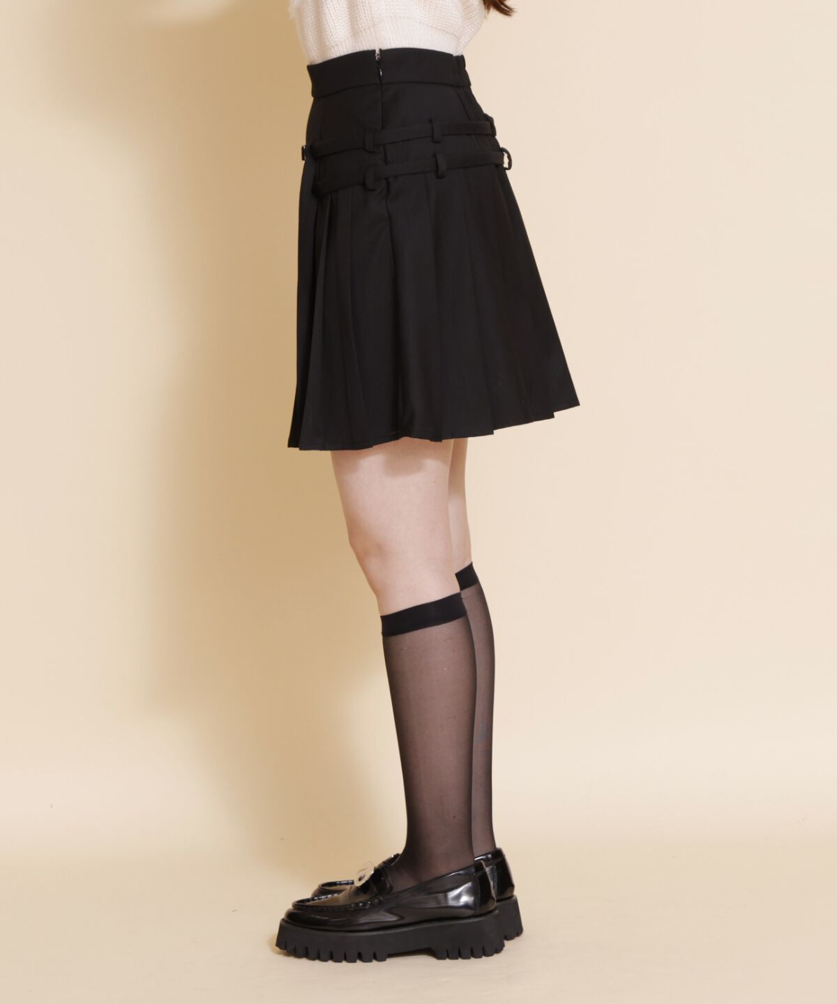 REDYAZEL「ダブルベルトプリーツミニスカート」|フレア|