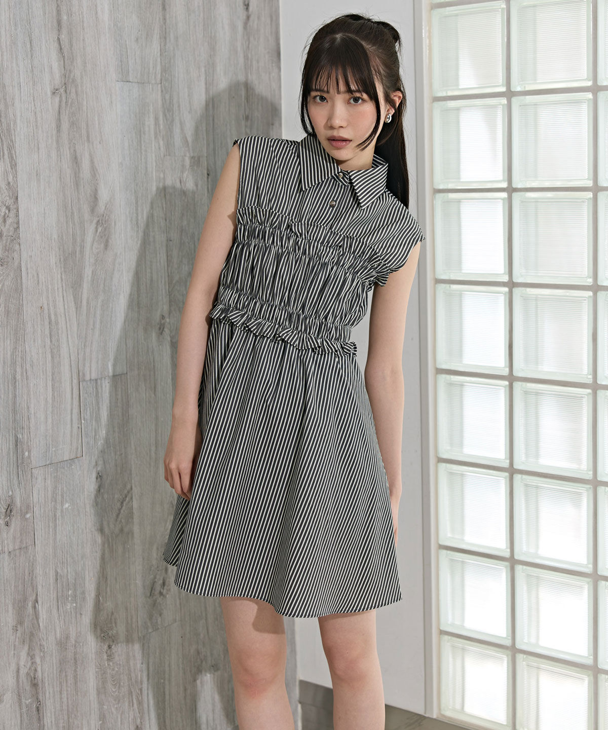 REDYAZEL「ヘムフリルレイヤードストライプシャツワンピース」|ワンピース|
