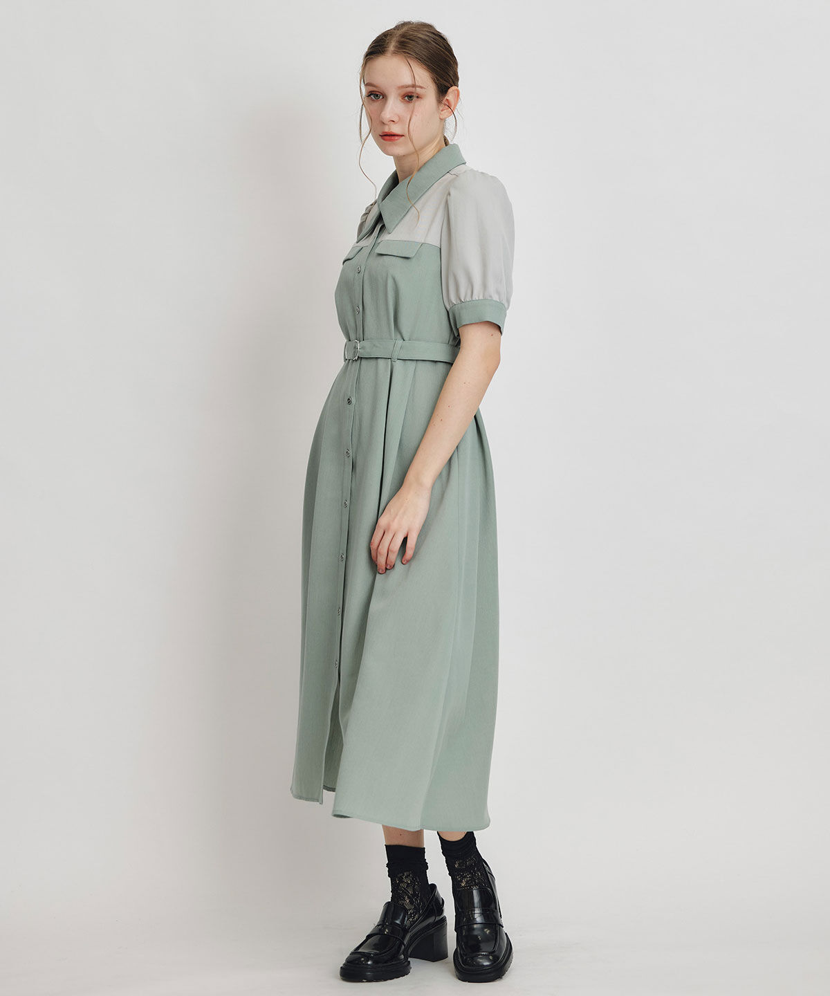 REDYAZEL「コントラストカラーシャツフレアロングワンピース」|ワンピース|