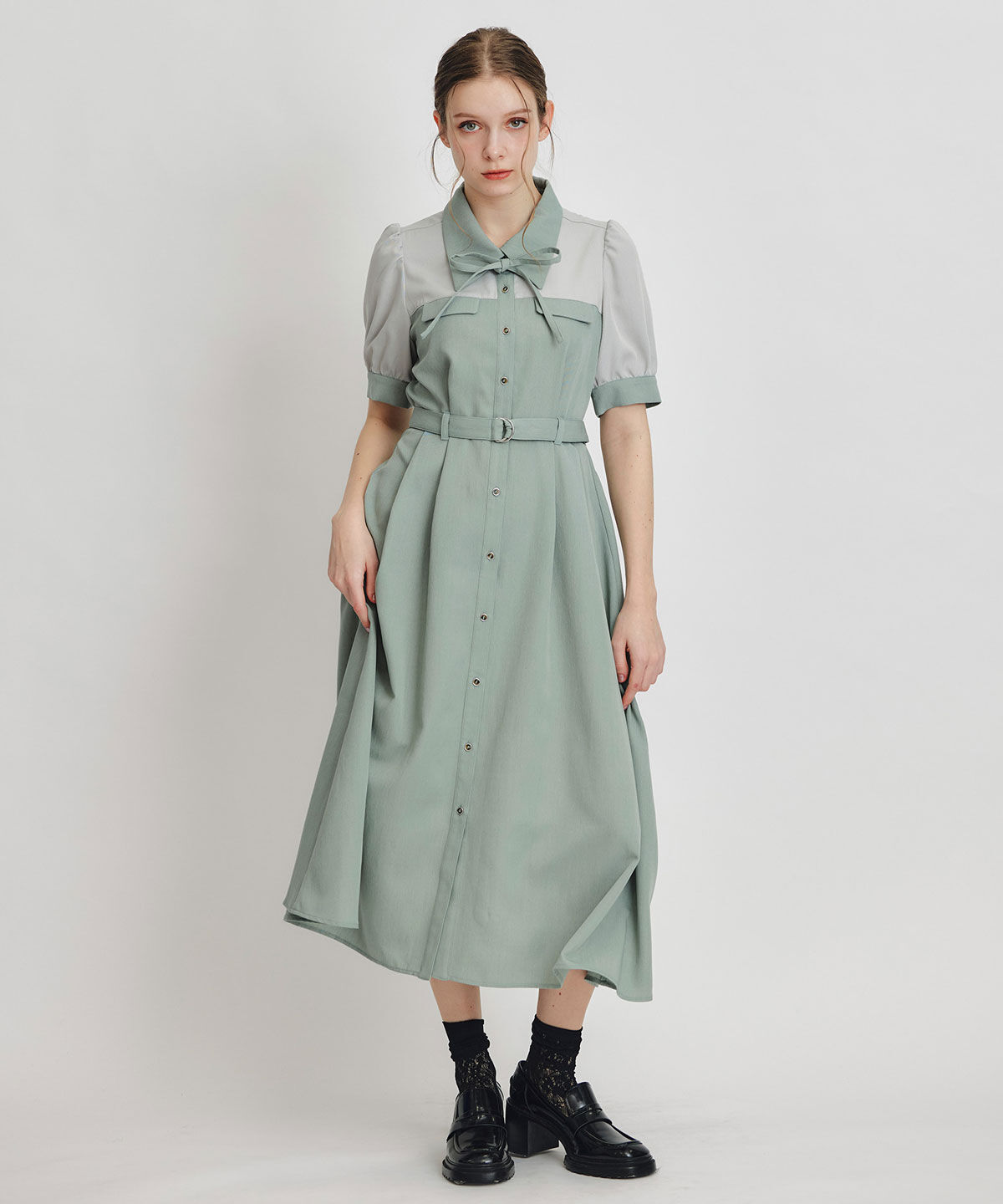 REDYAZEL「コントラストカラーシャツフレアロングワンピース」|ワンピース|