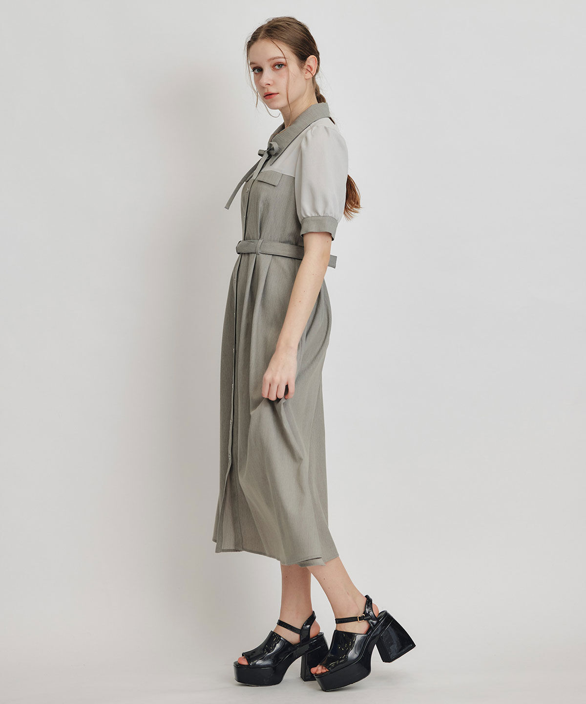 REDYAZEL「コントラストカラーシャツフレアロングワンピース」|ワンピース|