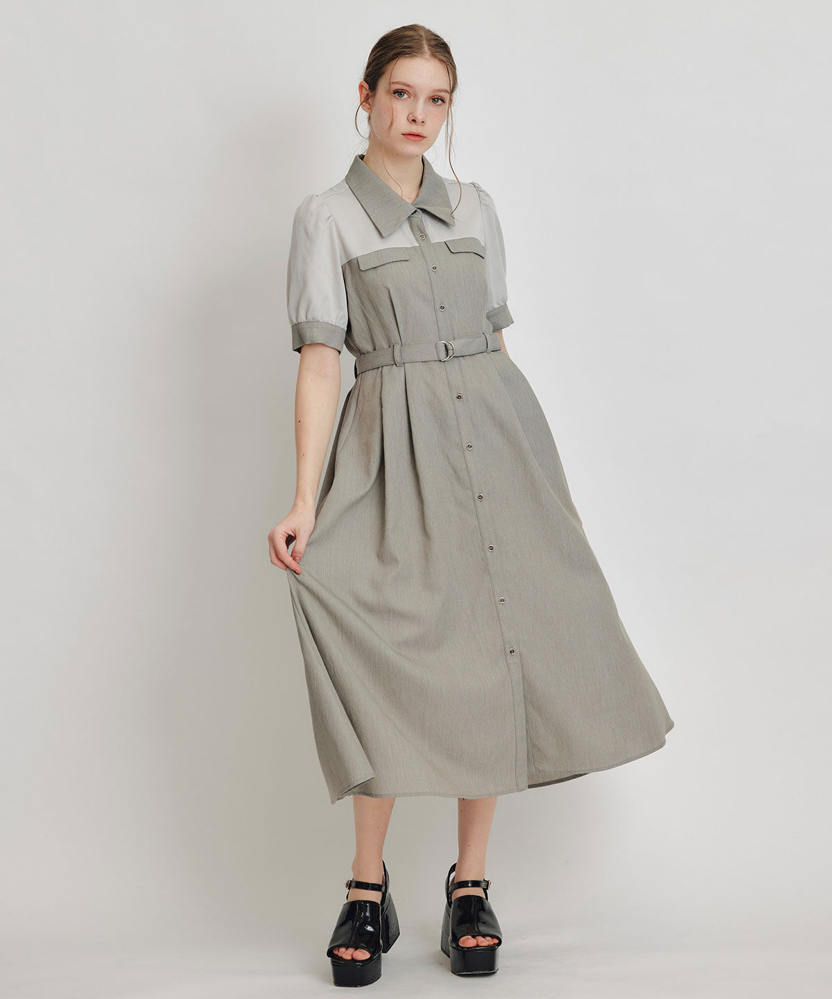 REDYAZEL「コントラストカラーシャツフレアロングワンピース」|ワンピース|