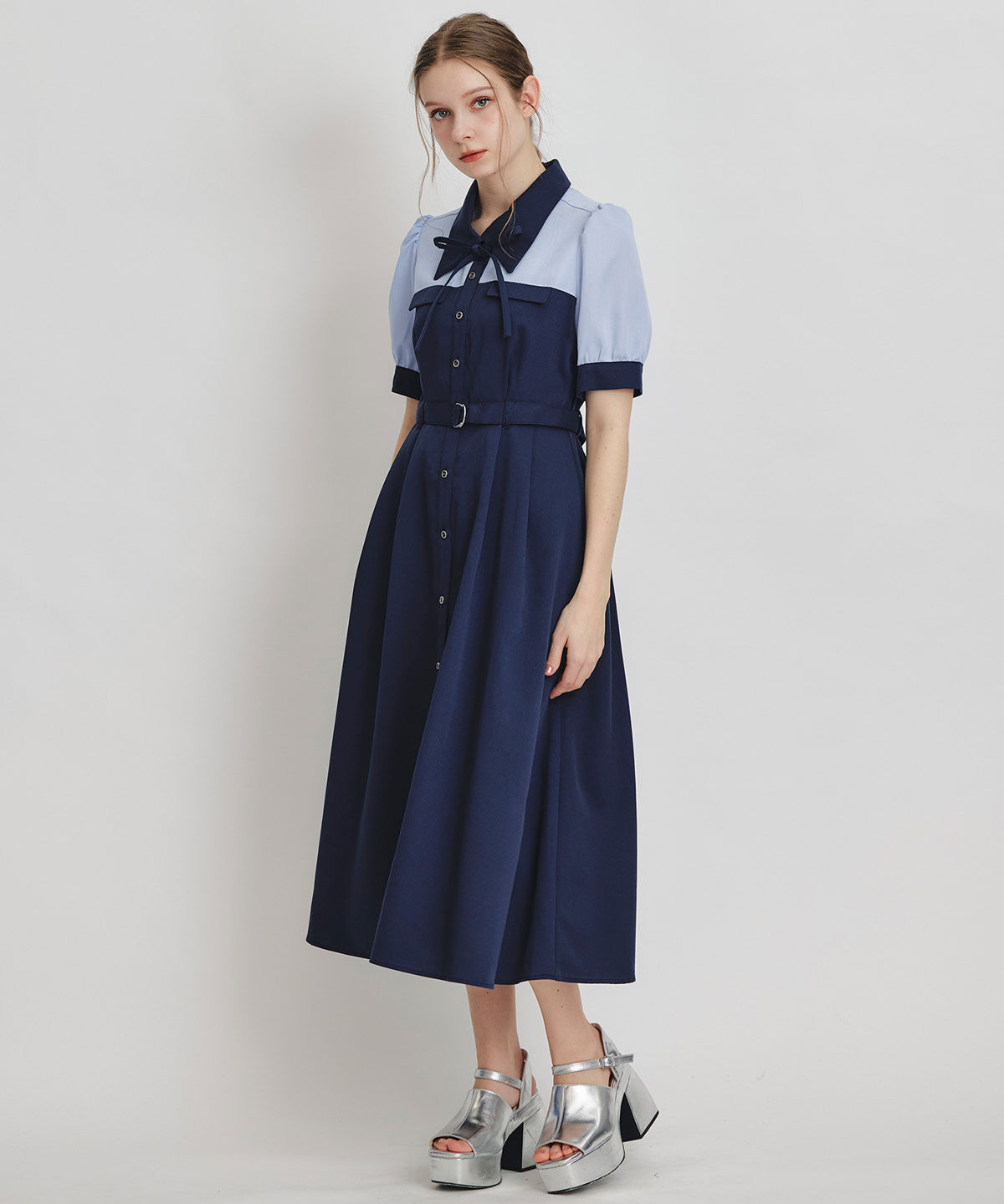 REDYAZEL「コントラストカラーシャツフレアロングワンピース」|ワンピース|ネイビー