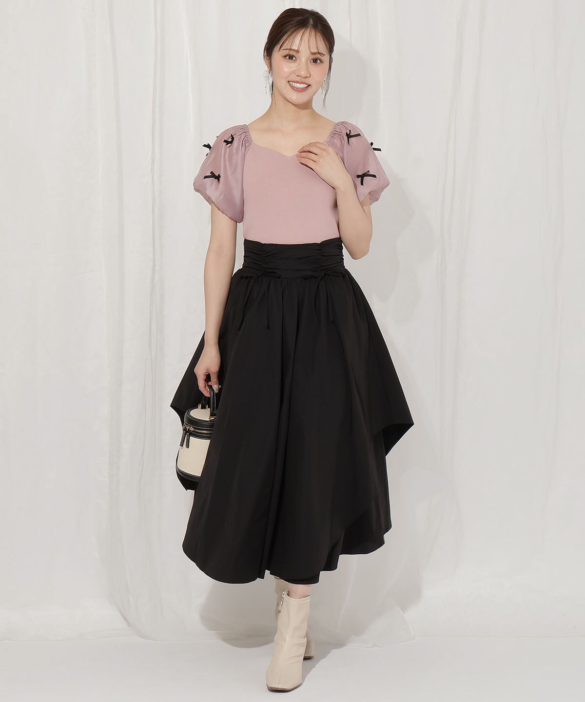 WILLSELECTION「ドロスト風リボンスカート」|フレア|ブラック
