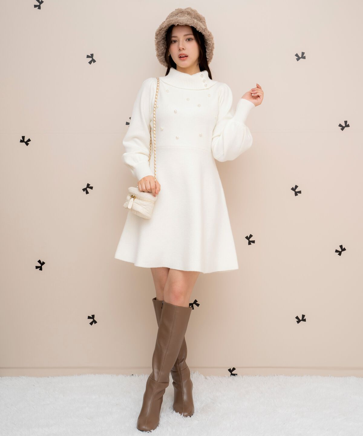 WILLSELECTION「パール付きタートルネックニットワンピース」|ワンピース|