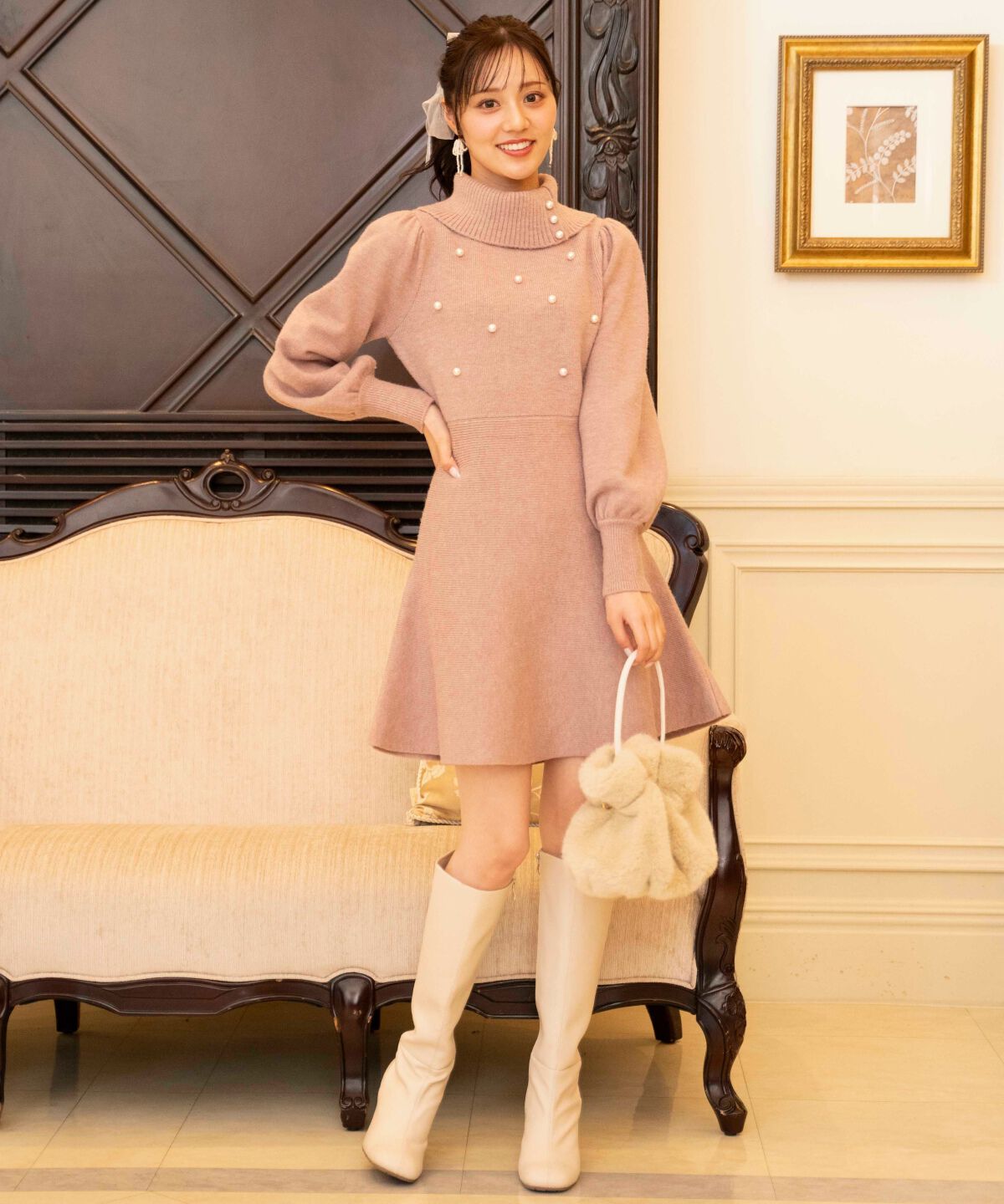 WILLSELECTION「パール付きタートルネックニットワンピース」|ワンピース|