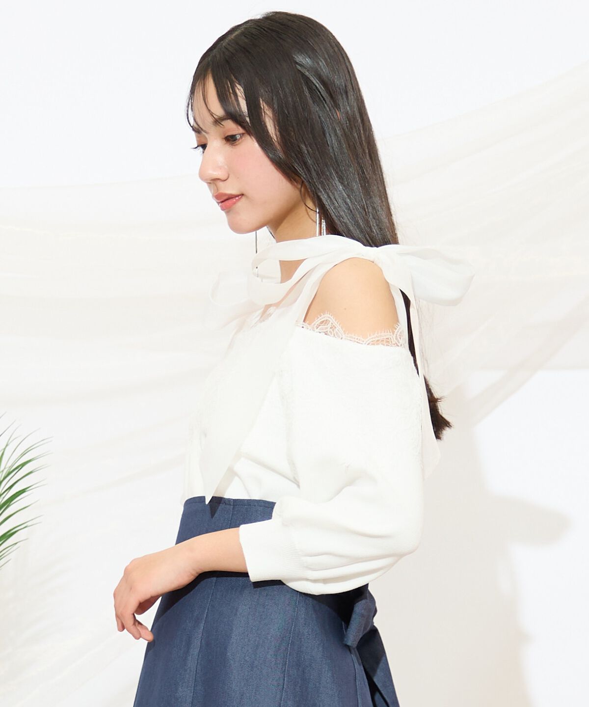 WILLSELECTION「レーストリミング肩リボンニット」|ニット・セーター|