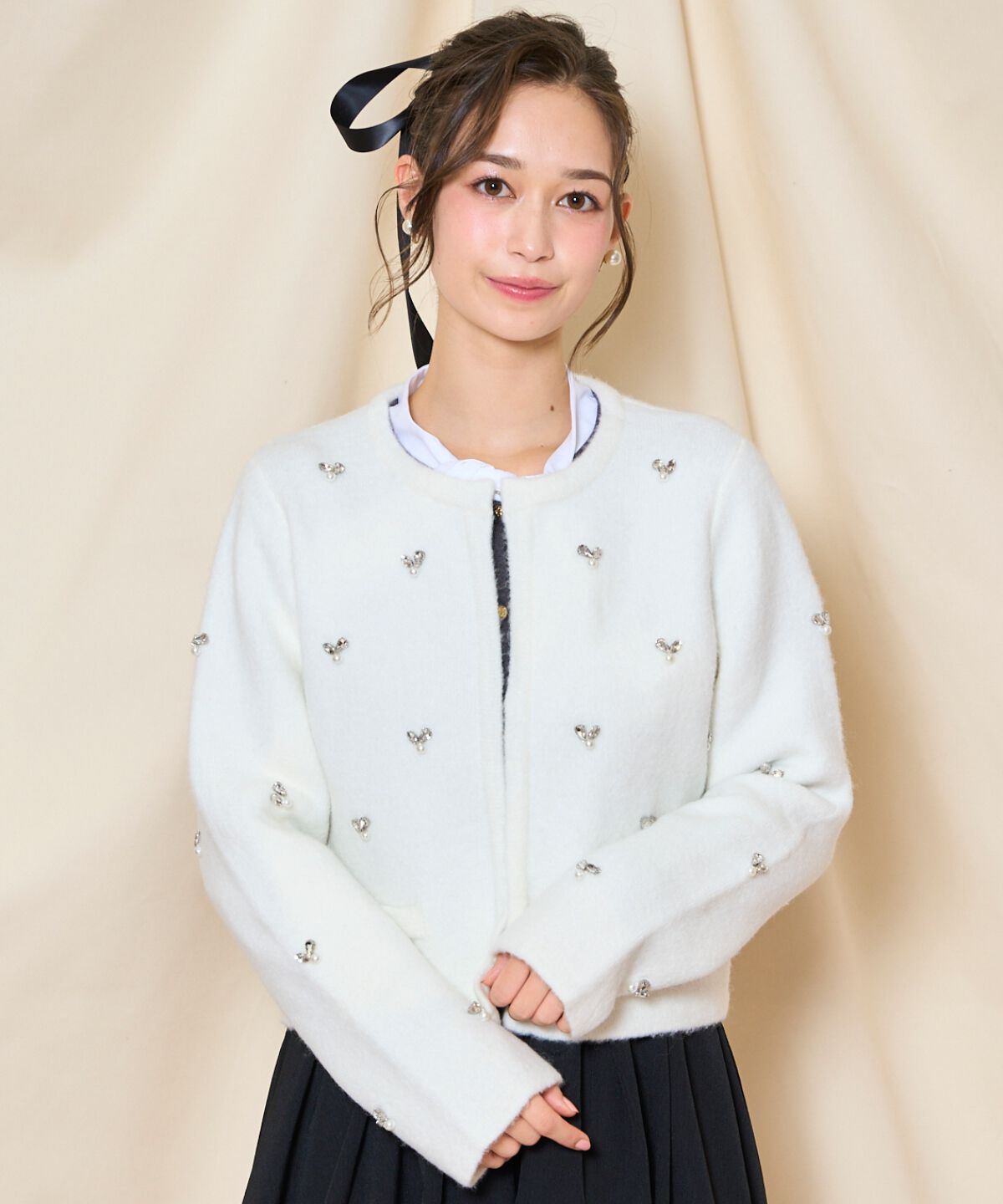 WILLSELECTION「ノーカラービジューニットジャケット」|カーディガン|