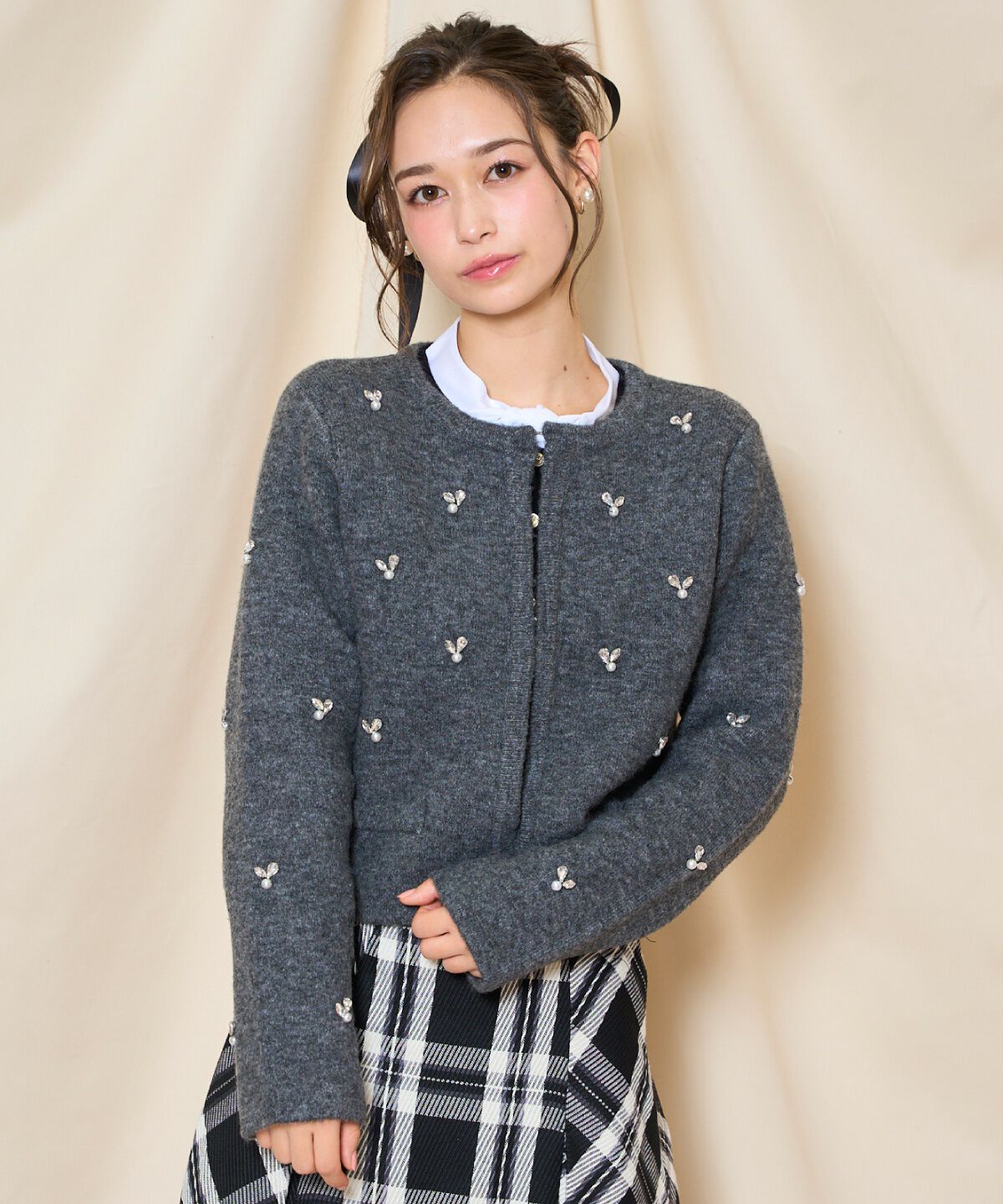 WILLSELECTION「ノーカラービジューニットジャケット」|カーディガン|