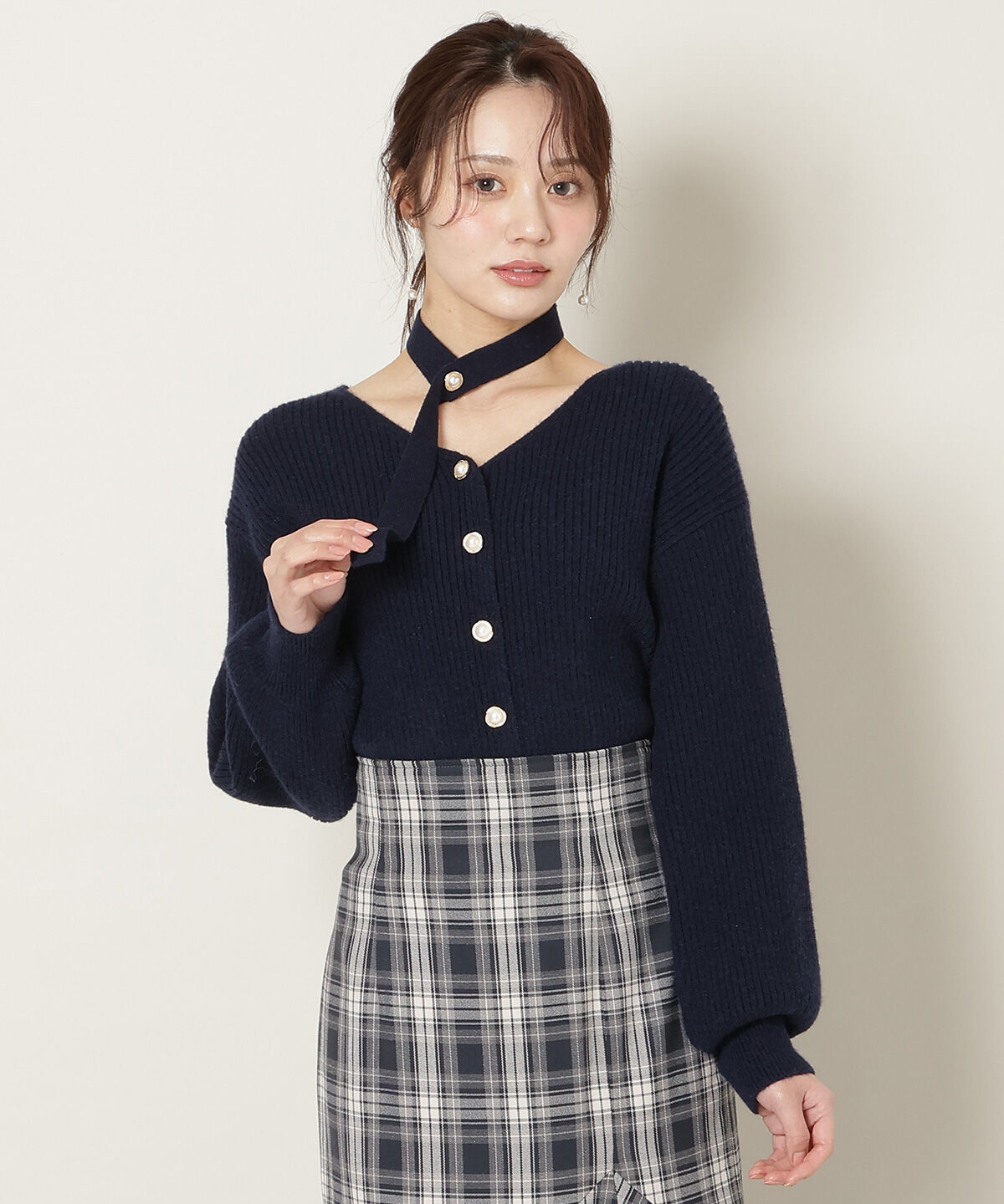 WILLSELECTION「Vネックチョーカーリブニット」|ニット・セーター|ネイビー