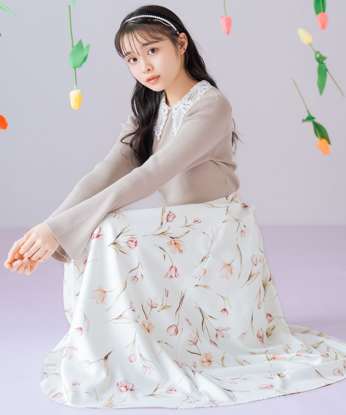 WILLSELECTION「チューリッププリントタックフレアスカート」|フレア|白系花柄