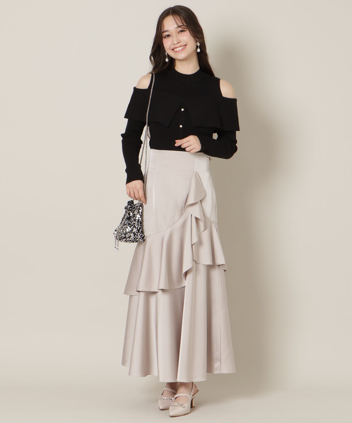 WILLSELECTION「アシメラッフルサテンスカート」|フレア|