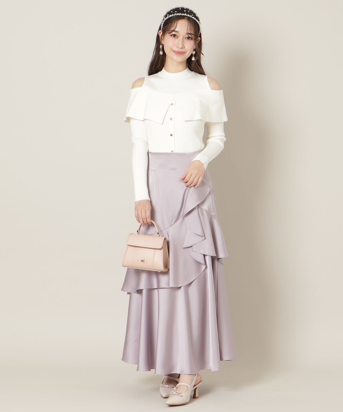 WILLSELECTION「アシメラッフルサテンスカート」|フレア|ピンク