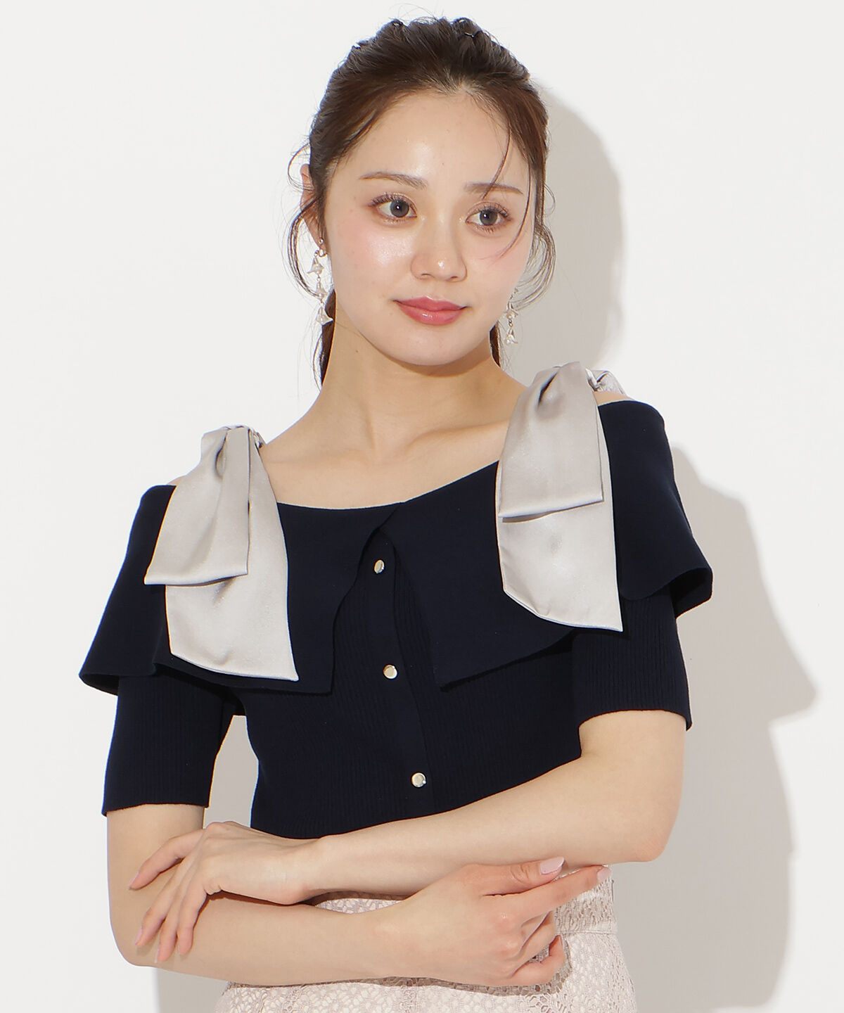 WILLSELECTION「リボンオフショルハーフスリーブニット」|ニット・セーター|ネイビー