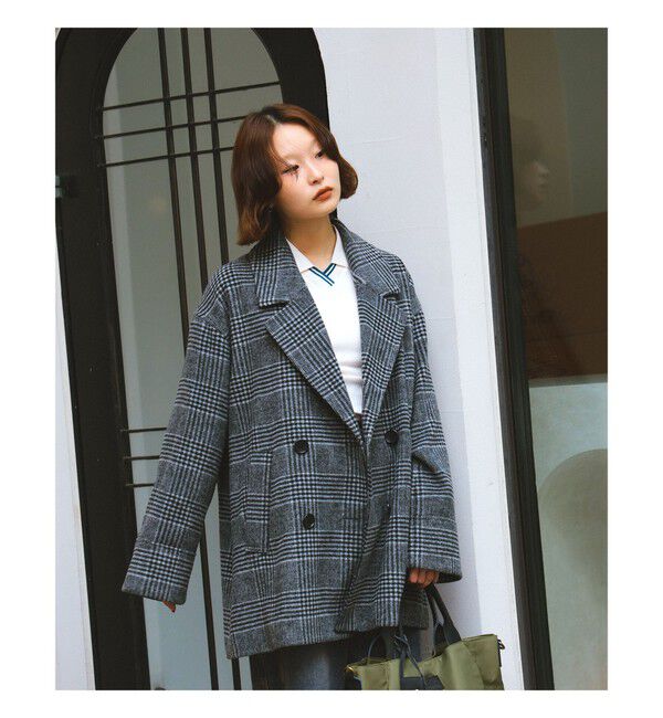 Ray BEAMS 「チェック ビーバー ダブル ハーフコート」|ダッフルコート|GREY