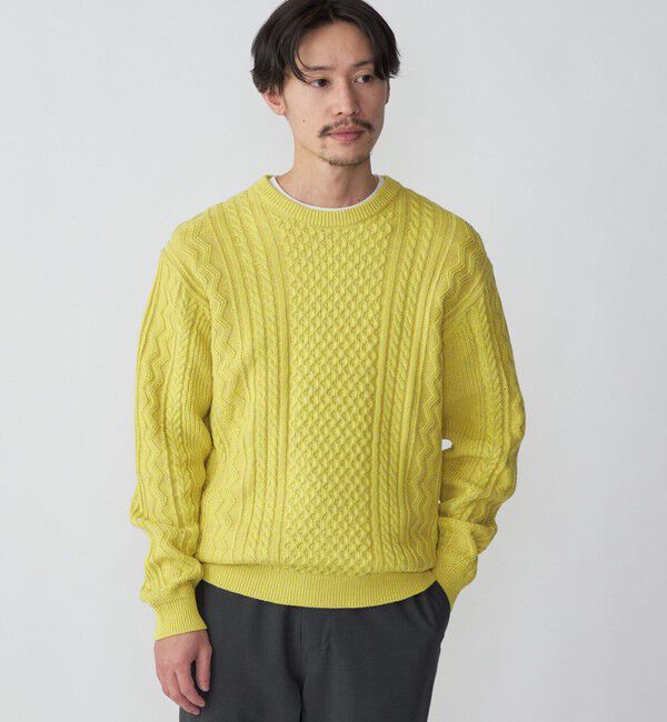 SHIPS「SHIPS:〈手洗い可能〉リネン/コットン TEXBRID(R) ランダムアラン クルーネックニット」|ニット・セーター|イエロー