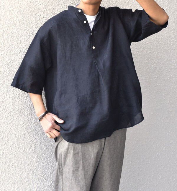SHIPS any「SHIPS any: ピュアリネン バンド スキッパー ハーフスリーブ プルオーバー シャツ 25SS◇」|シャツ・ブラウス|ブラック