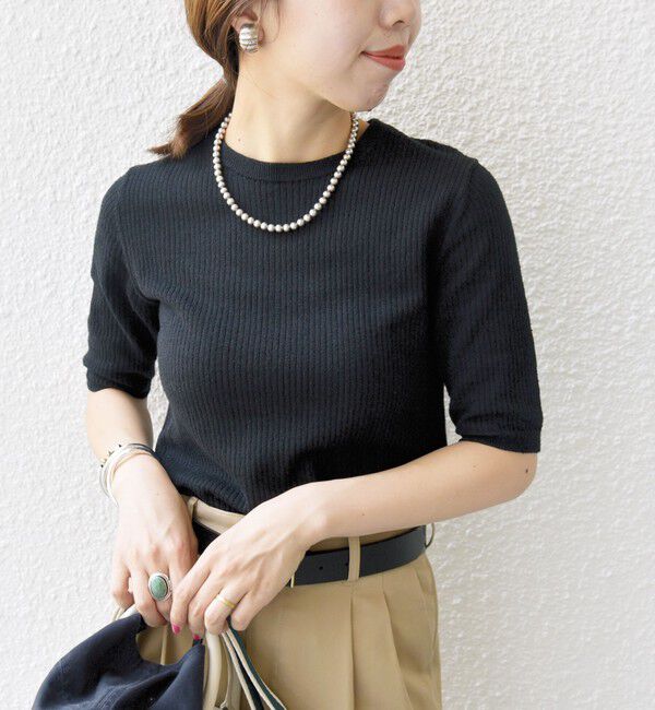 SHIPS for women「〈手洗い可能〉コットン ナイロン リブ ニット TEE」|ニット・セーター|ブラック