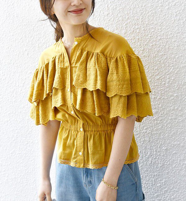SHIPS any「bon_meur:〈洗濯機可能〉レース ヨーク ペプラム フリル ブラウス」|シャツ・ブラウス|マスタード