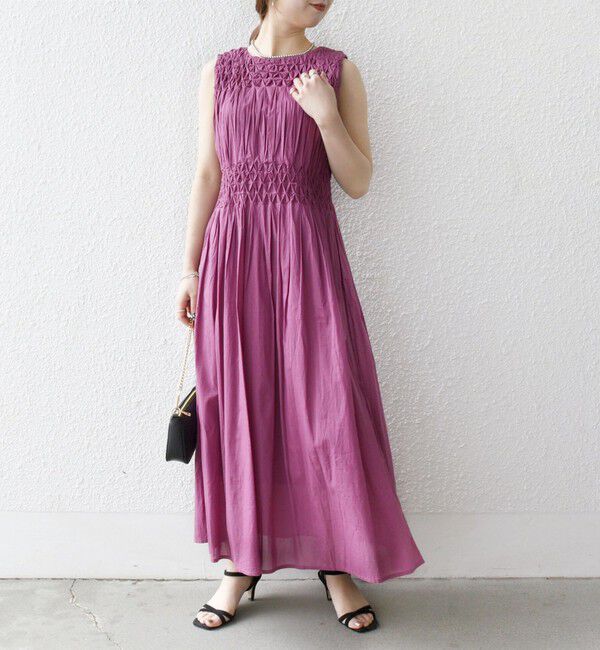 SHIPS any「《一部追加予約》【WEB限定】SHIPS any: ハンドスモッキング  コットン フレア ノースリーブ ワンピース」|ワンピース|