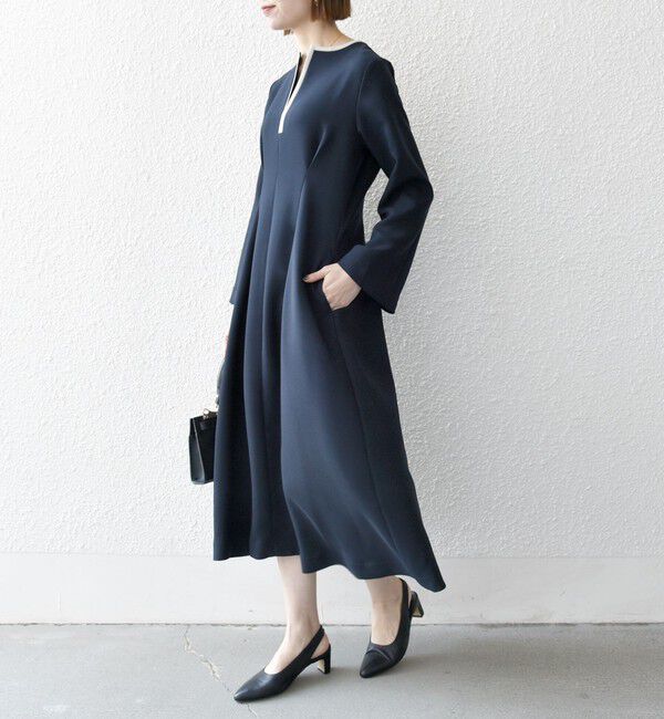 SHIPS any「【WEB限定】SHIPS any: ダブルクロス ウエスト タック Aライン ワンピース ［NAVY BLUE］」|ワンピース|
