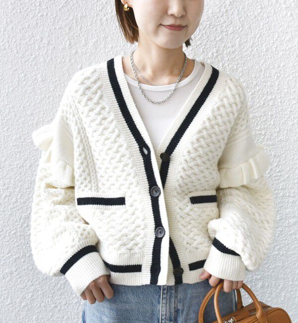 SHIPS for women「【WEB限定】袖 フリル チルデン ケーブル ライン カーディガン」|カーディガン|