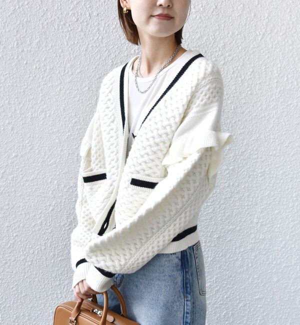 SHIPS for women「【WEB限定】袖 フリル チルデン ケーブル ライン カーディガン」|カーディガン|