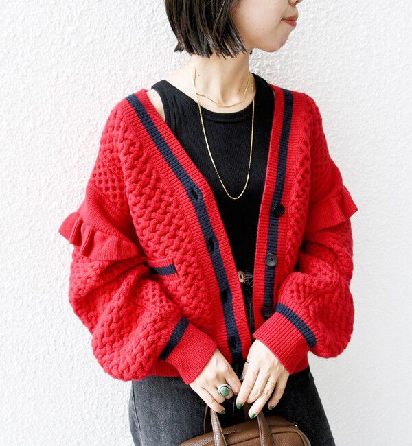 SHIPS for women「【WEB限定】袖 フリル チルデン ケーブル ライン カーディガン」|カーディガン|レッド
