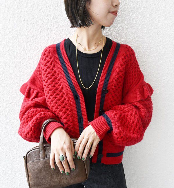 SHIPS for women「【WEB限定】袖 フリル チルデン ケーブル ライン カーディガン」|カーディガン|