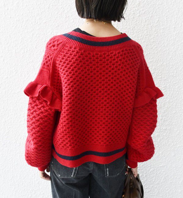 SHIPS for women「【WEB限定】袖 フリル チルデン ケーブル ライン カーディガン」|カーディガン|