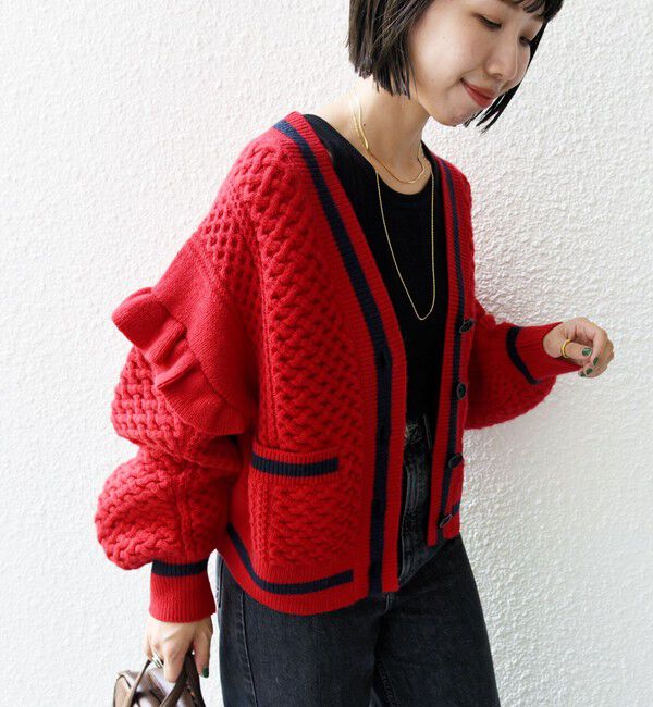 SHIPS for women「【WEB限定】袖 フリル チルデン ケーブル ライン カーディガン」|カーディガン|