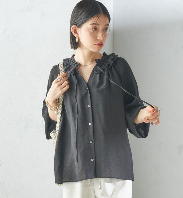 SHIPS for women「〈手洗い可能〉シルク混 シアー フリル ネック ギャザー ブラウス」|シャツ・ブラウス|