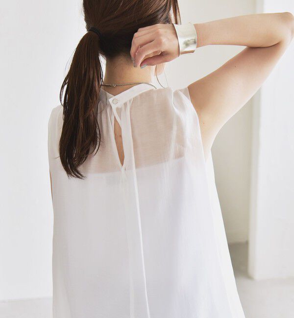 quaranciel「quaranciel:〈洗濯機可能〉シアー ハイネック ノースリーブ ギャザー ブラウス」|シャツ・ブラウス|ホワイト