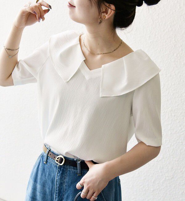 SHIPS any「《一部追加予約》【WEB限定】SHIPS any:〈洗濯機可能〉ラフ サテン フリルカラー ブラウス 26SS」|シャツ・ブラウス|