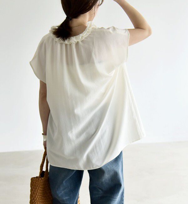 quaranciel「《追加予約》quaranciel:〈洗濯機可能〉フリルカラー リボン フレンチスリーブ ブラウス」|シャツ・ブラウス|