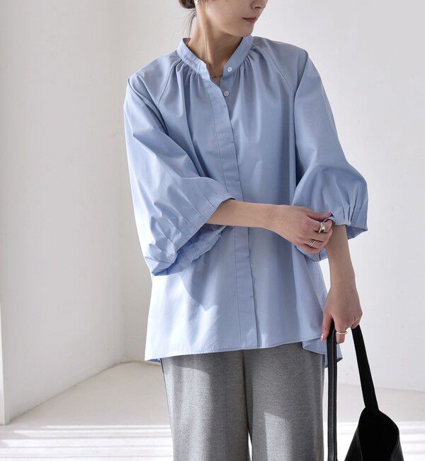 quaranciel「quaranciel:〈洗濯機可能〉REPREVE バンドカラー ギャザー パフ シャツ ブラウス」|シャツ・ブラウス|